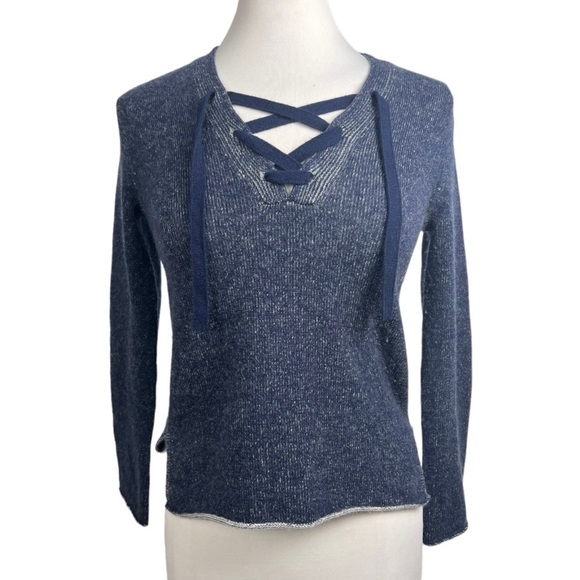 Brochu Walker Navy Blue Wool Cashmere V Neck Cropped Knit Top Sweater Women XS - Picture 1 of 5